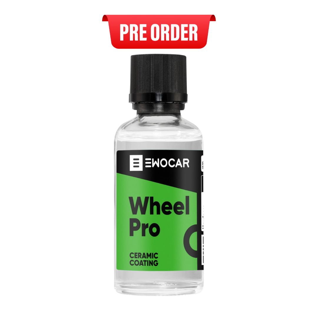 Bottle of EWOCAR Wheel Pro ceramic coating with a pre-order label on a white background