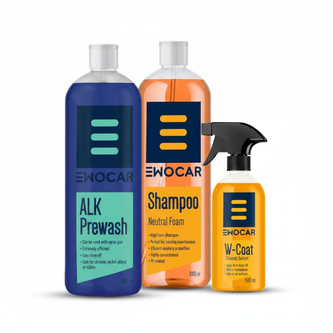 Three EWOCAR car care products on a white background