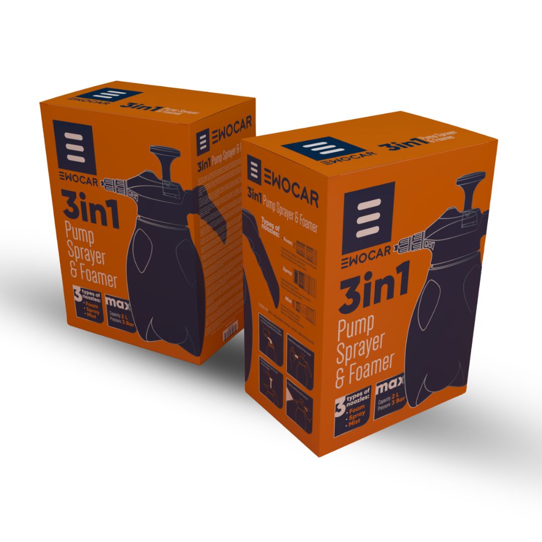 Two orange boxes of Ewocar 3in1 Pump Sprayer & Foamer on a white background