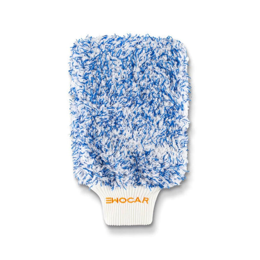Blue and white wash mitt with 'Ewocar' branding on a white background