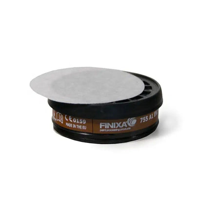 A black cylindrical air filter element with a white pleated paper disc attached, featuring a brown band printed with the brand name FINIXA and part number 755 A1.