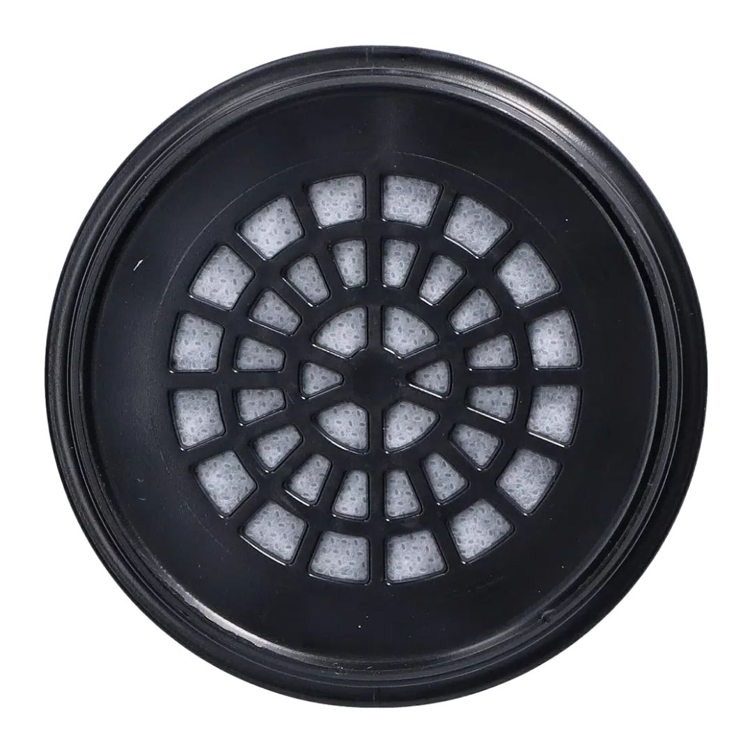 A circular black plastic filter element with a radial grid pattern and light gray foam centers, shown against a plain white background.