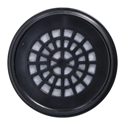 A circular black plastic filter element with a radial grid pattern and light gray foam centers, shown against a plain white background.