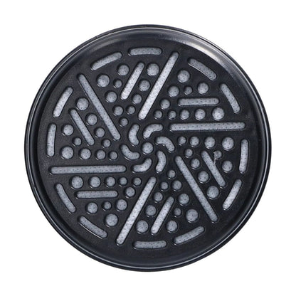 A round black textured filter or drain mat with a radial pattern of raised ridges and circular perforations, shown from a top-down view on a white background.