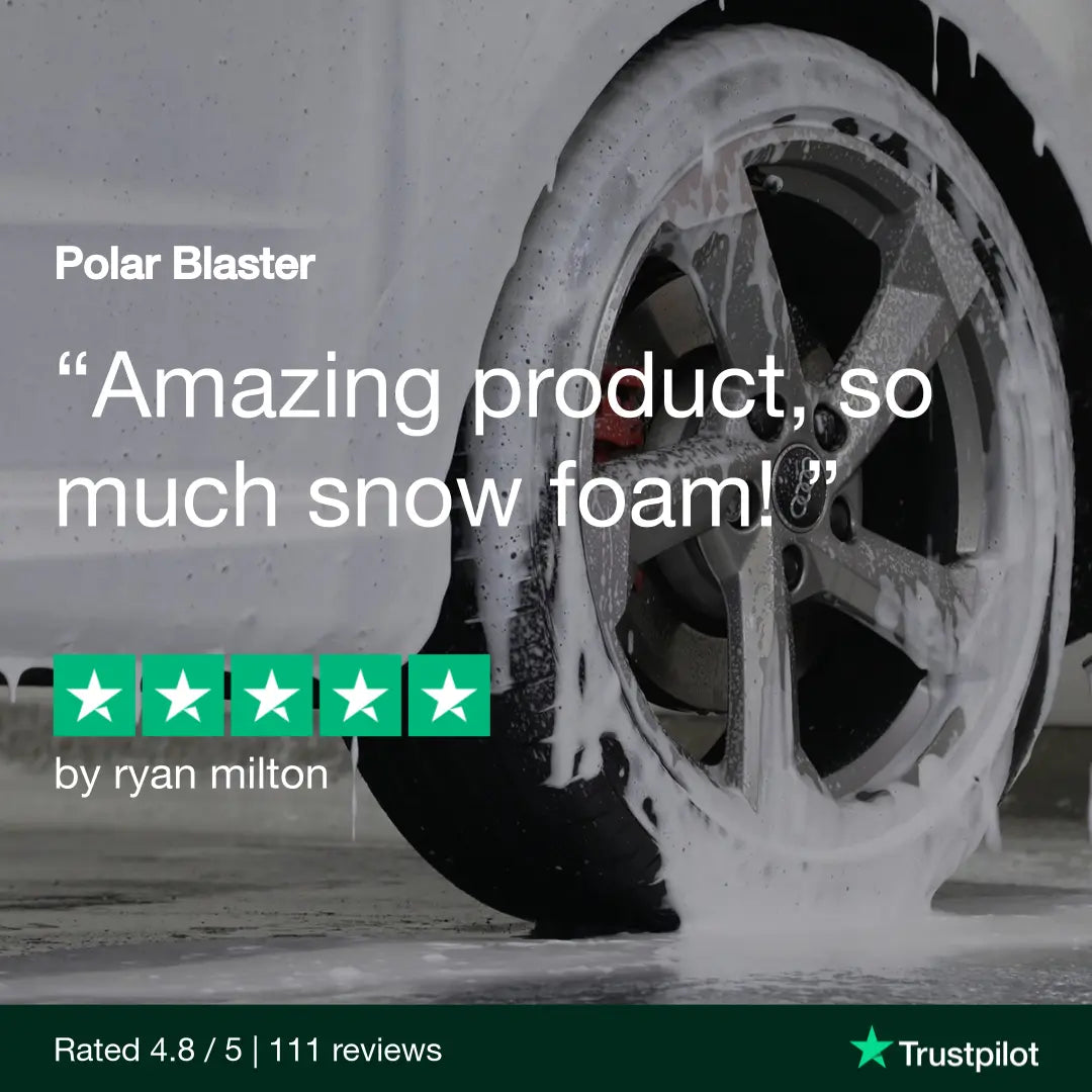 Car wheel with snow foam being applied, featuring a Trustpilot review quote.