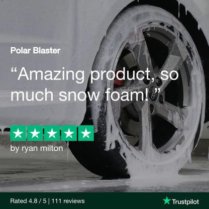 Car wheel with snow foam being applied, featuring a Trustpilot review quote.