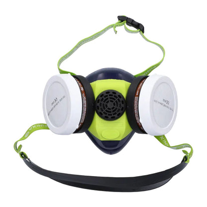 A two-piece respirator mask with a lime green and black central facepiece, two white filter canisters, and a green adjustable strap with a black buckle, shown on a plain white background.