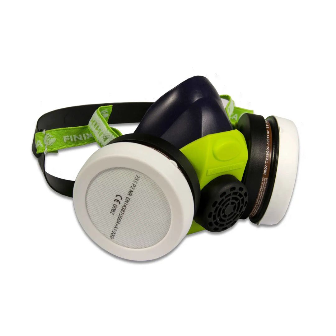 A Finpey full-face respirator mask with a dark navy blue facepiece, bright lime green accents, a black adjustable head strap with green branding, and two white filter canisters on either side.