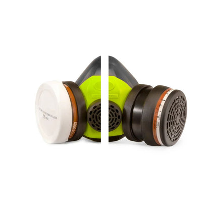 A split-view studio shot of a respirator mask with two dark brown filter cartridges and a bright neon yellow-green center section, isolated on a white background.