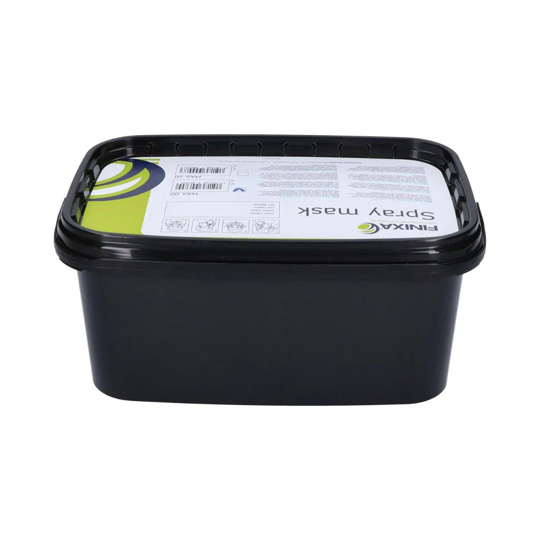 A black plastic tub of FINIXIA Spray Mask with a white and green label, shown on a plain white background.