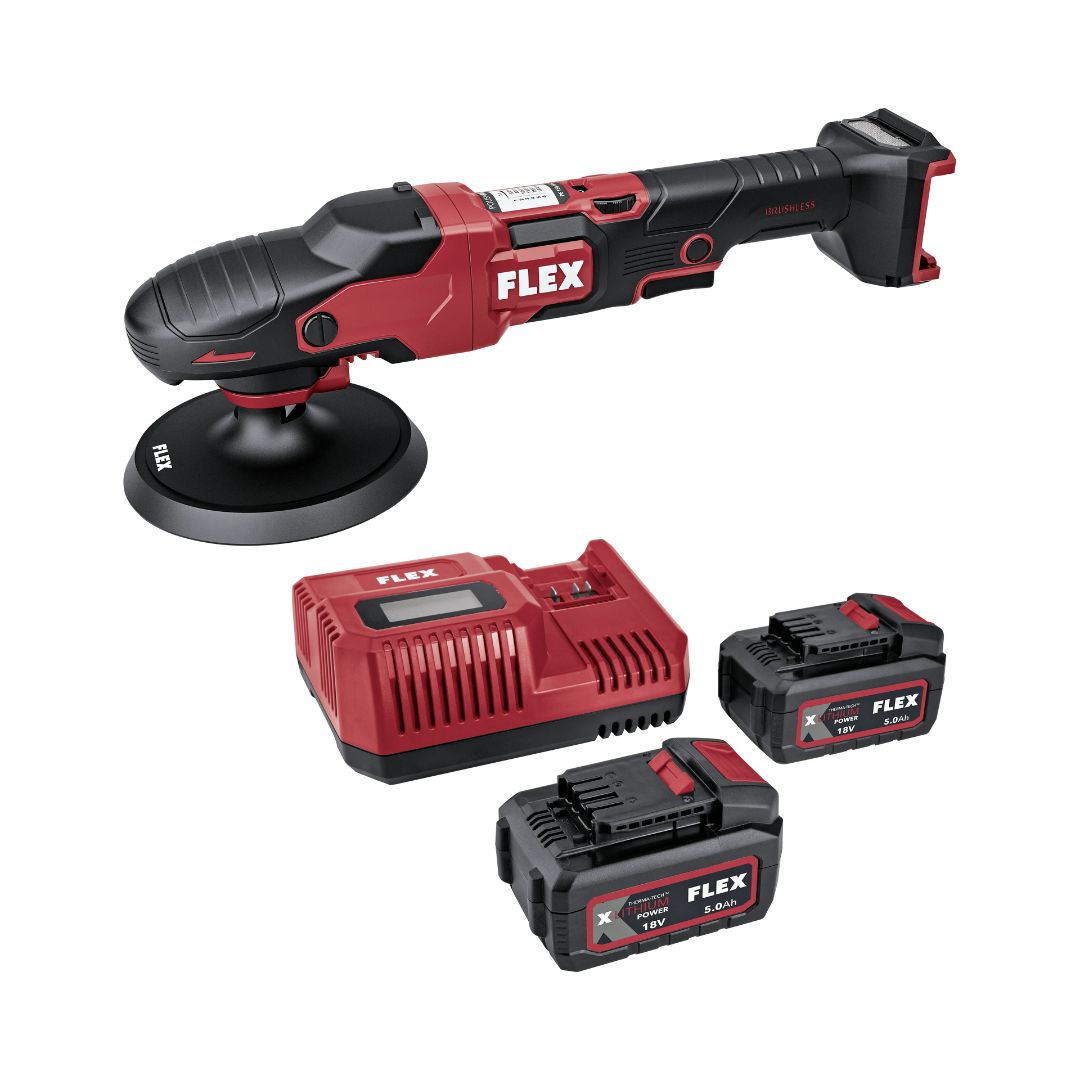 Flex PE 150 Flex power tool set with polisher and batteries on a white background