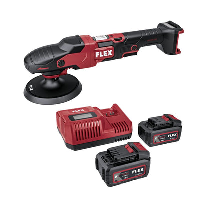 Flex PE 150 Flex power tool set with polisher and batteries on a white background