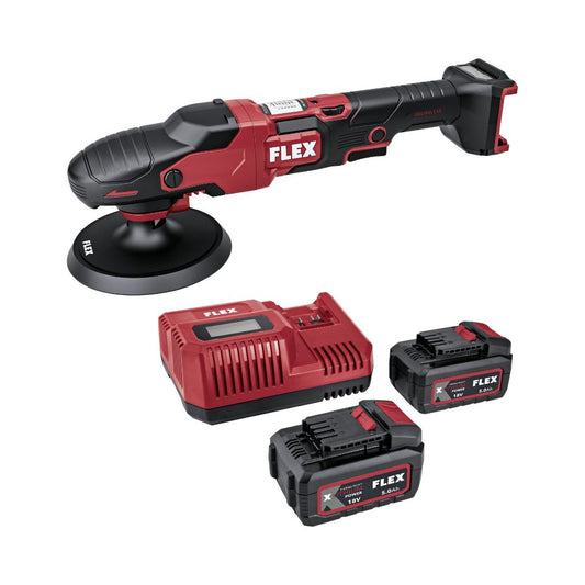 Flex PE 150 Flex power tool set with polisher and batteries on a white background