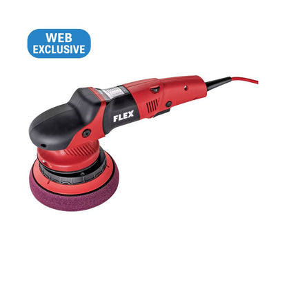 Red and black Flex polisher on a white background with 'Web Exclusive' label. Flex XFE 7-15 125 Dual Action Polisher. Flex Ireland. Flex Tools Cork Ireland