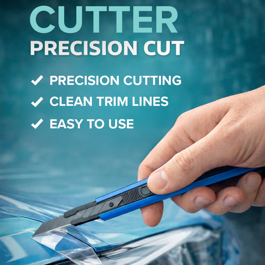 Hand holding a Labocosmetica PPF Cutting Knife with text about precision cutting on a blue background