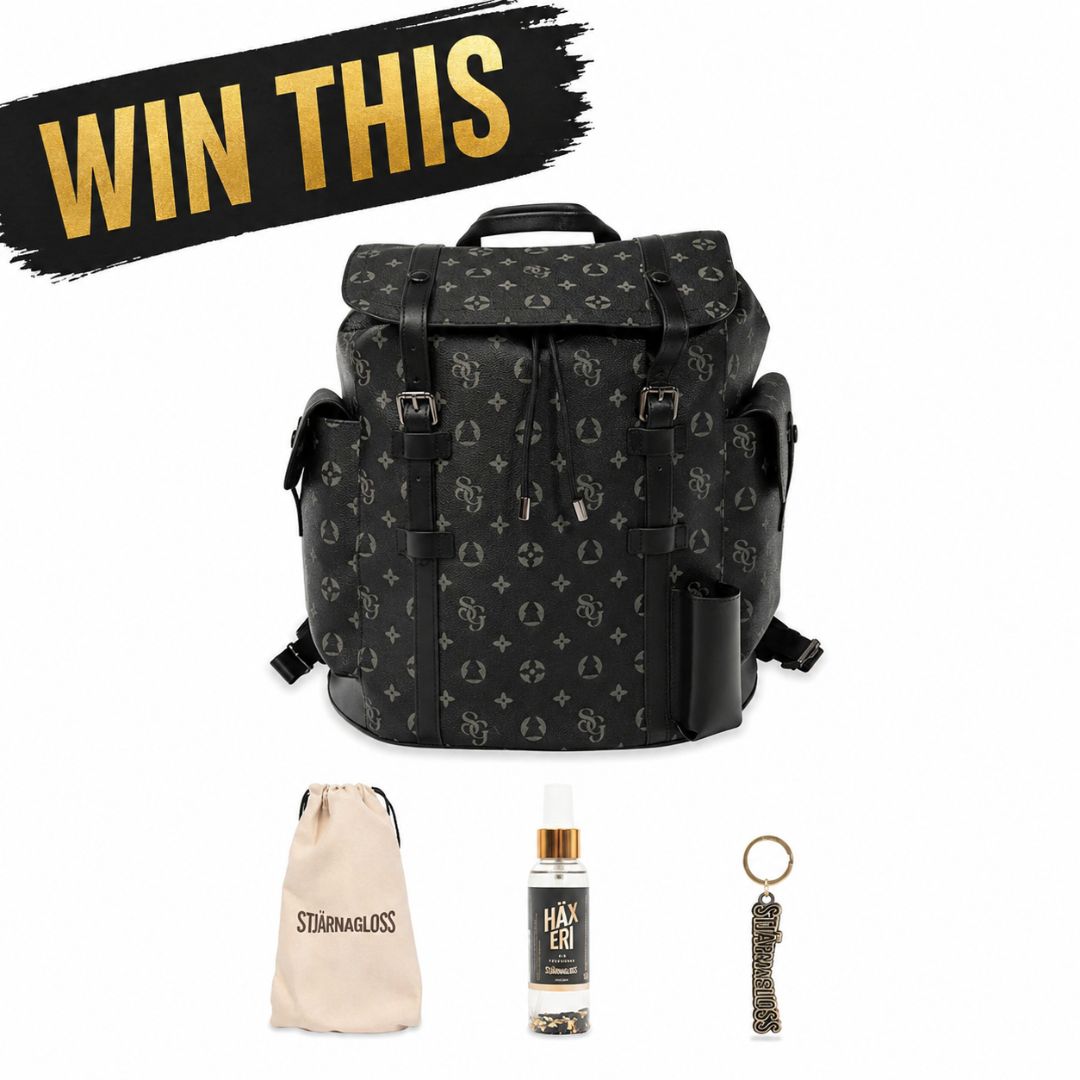 Black patterned backpack with a beige pouch, bottle, and keychain on a white background with 'WIN THIS' text.