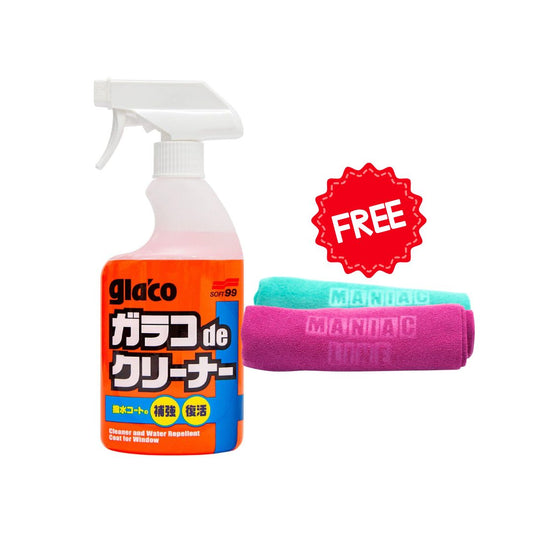 Cleaning spray bottle with two microfiber cloths on a white background