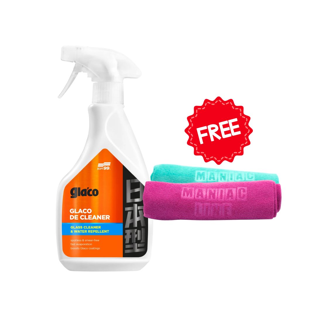 Glaco glass cleaner with two microfiber cloths on a white background. New 2026 SOFT99 Glaco De Cleaner Hydrophobic Glass Cleaner 400ml