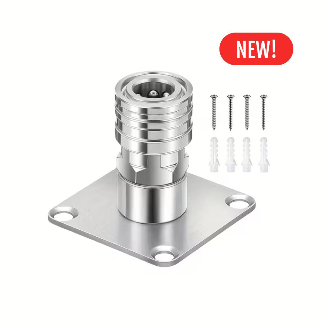 Metal foam gun mounting bracket with screws on a white background, featuring a 'NEW!' label.
