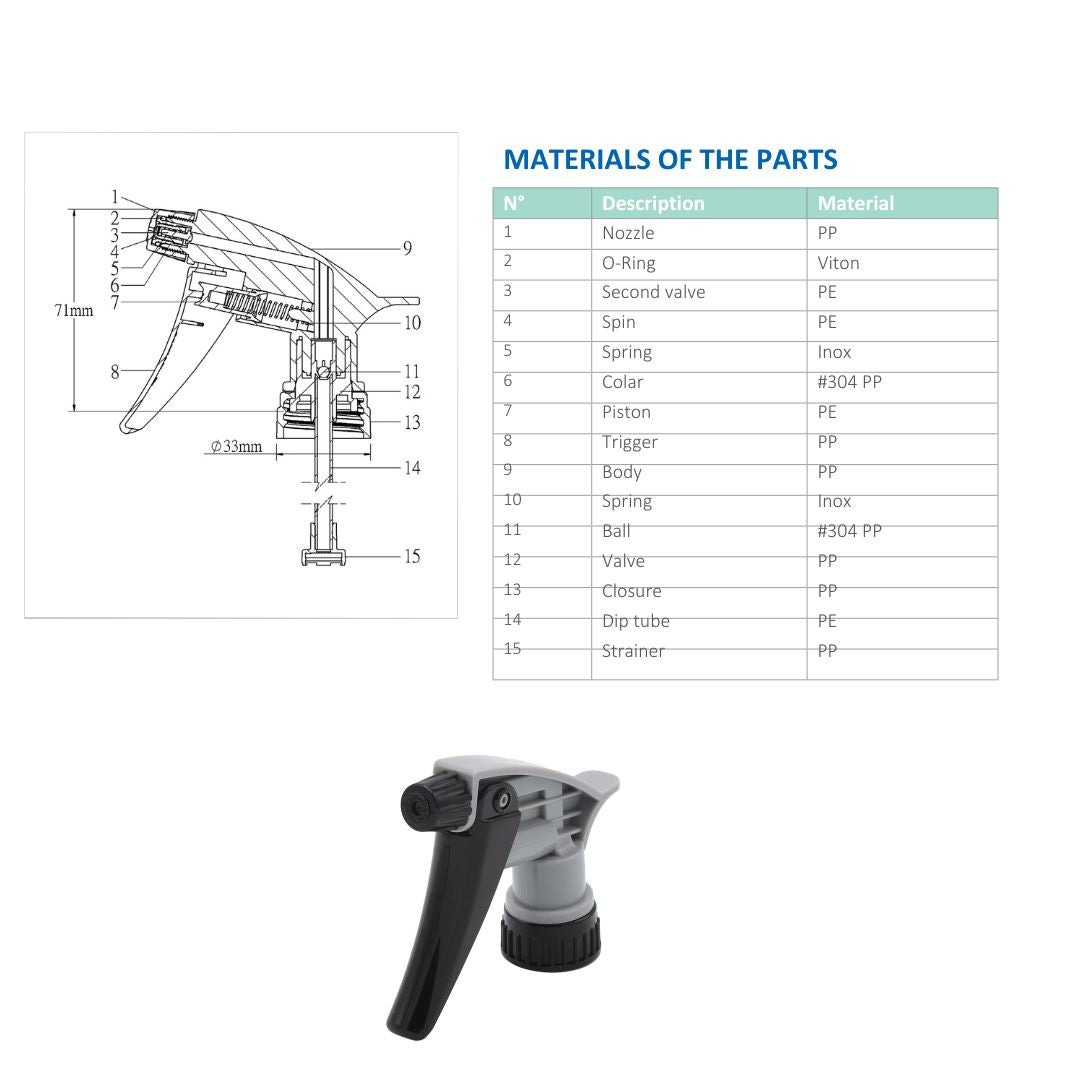 Alkaline acid and solvent Heavy Duty Industrial Trigger Sprayer offer much extreme resistance to different types of chemicals. Black trigger