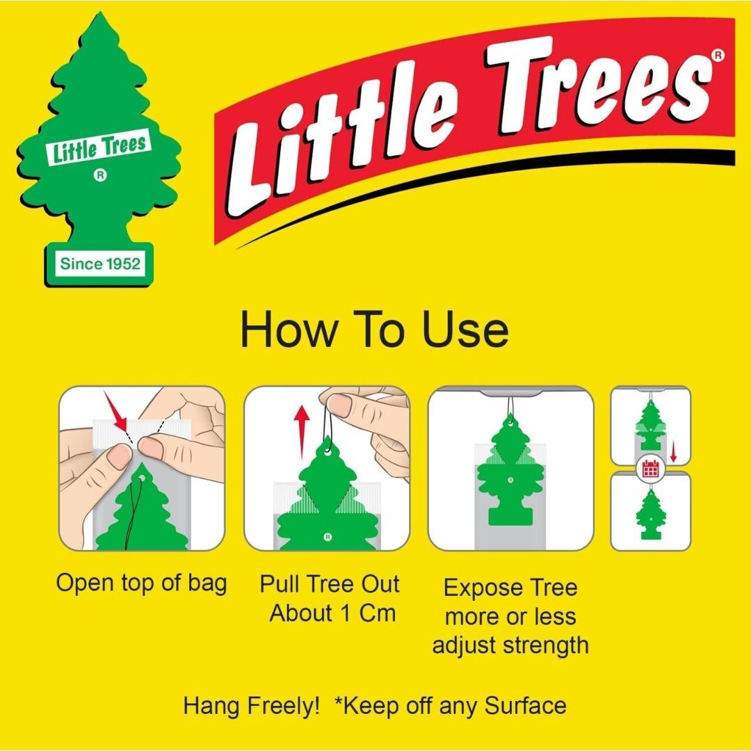 Instructions for using Little Trees air fresheners on a yellow background