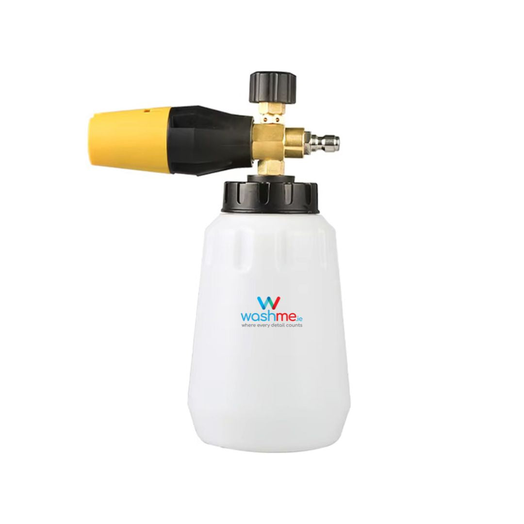Foam cannon with white container and visible 'washme' logo on a white background