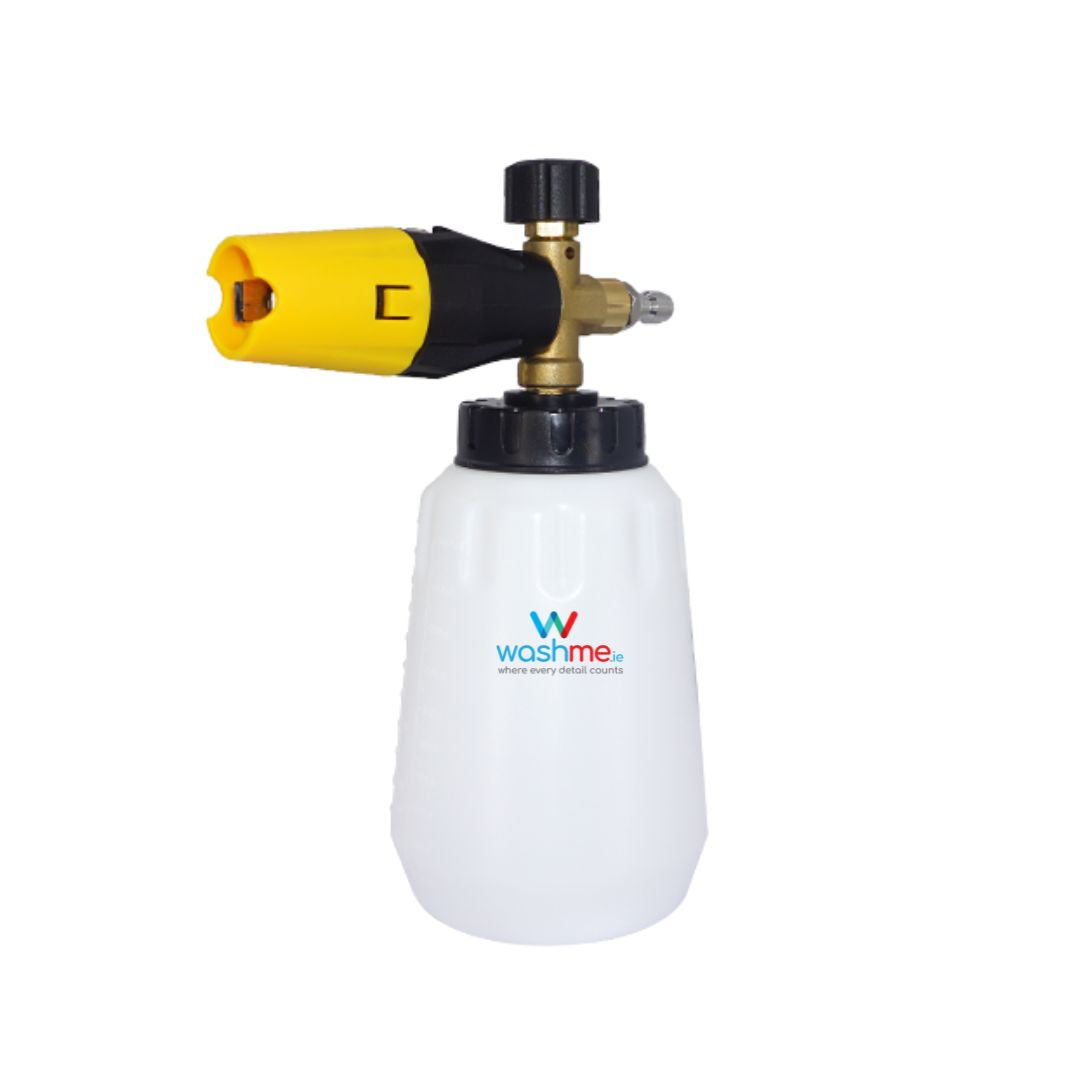Foam cannon with yellow and black nozzle on a white background, featuring the 'washme' brand.
