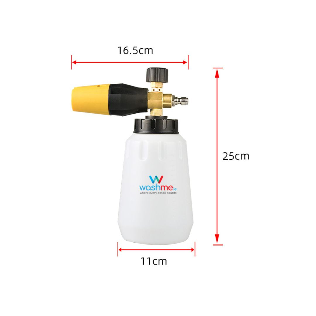 Foam cannon with measurements on a white background