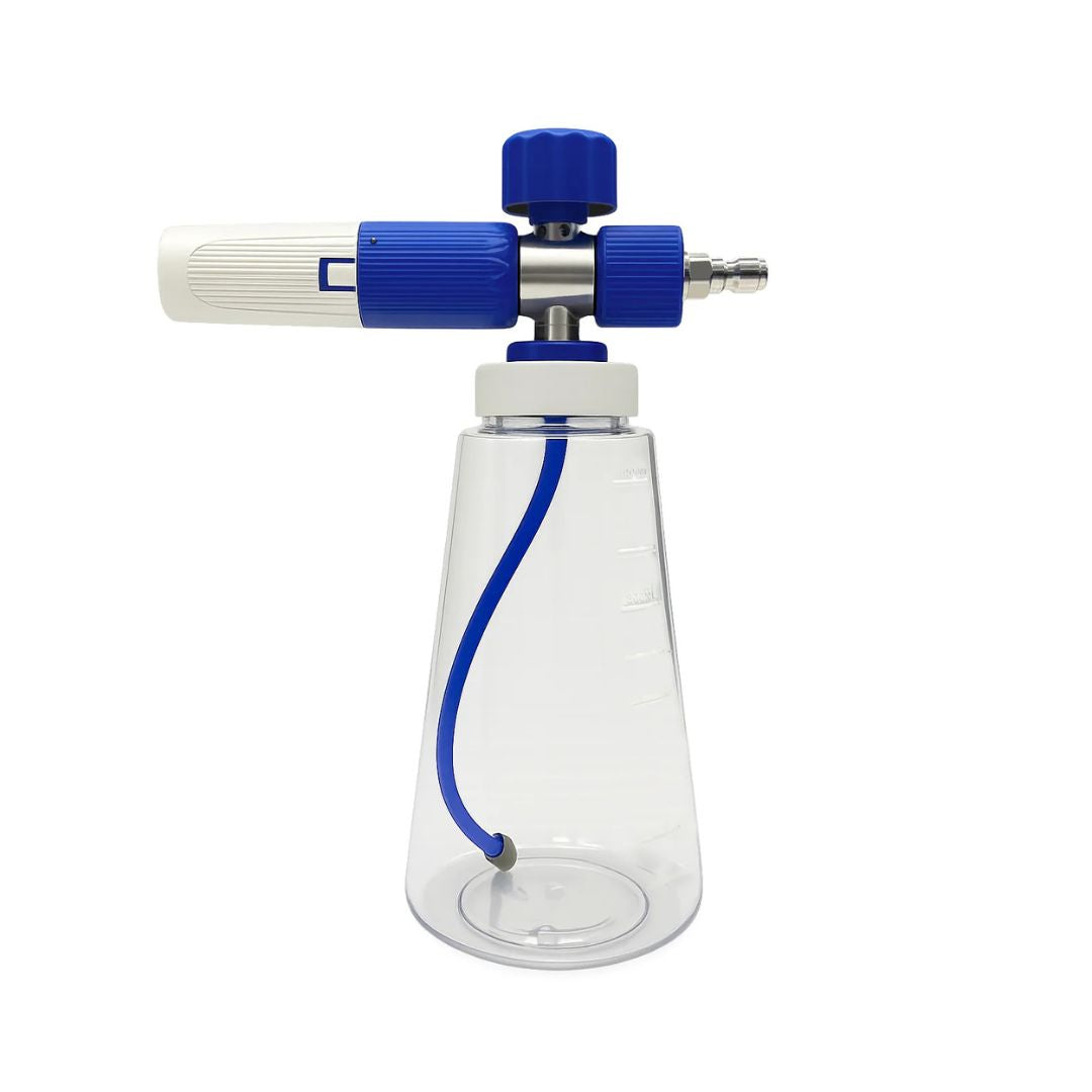 Clear bottle with blue and white nozzle on a white background