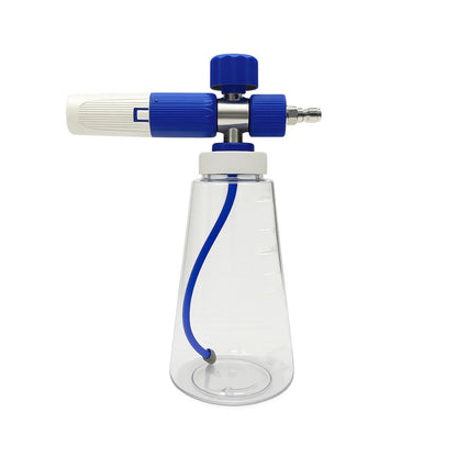 Clear bottle with blue and white nozzle on a white background