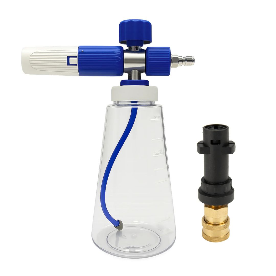 Foam cannon for car washing with clear container, blue nozzle, and black and gold Karcher connectors on a white background.