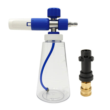 Foam cannon for car washing with clear container, blue nozzle, and black and gold Karcher connectors on a white background.