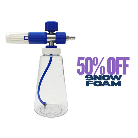 Foam cannon with blue nozzle and hose on a white background, promotional text '50% OFF SNOW FOAM' displayed.