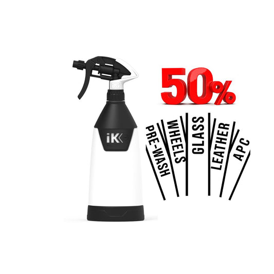 Spray bottle with black and white design on a white background, featuring IK logo and text about product uses.