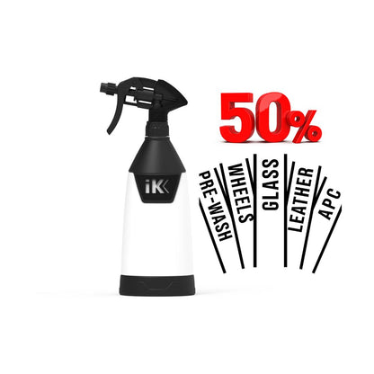 Black and white spray bottle with 'iK' branding on a white background, featuring a 50% discount offer.