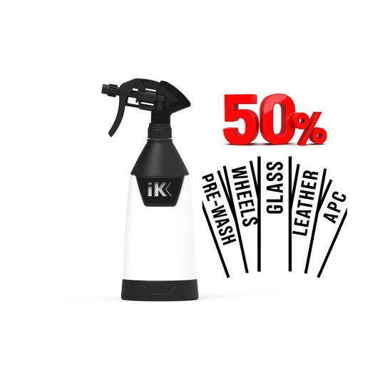 Black and white spray bottle with 'iK' branding on a white background, featuring a 50% discount offer.