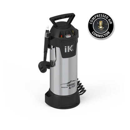 Silver and black air compressor with IK branding on a white background. Person holding an IK Window Tinting and PPF Sprayer Stainless Steel 13L next to a white Porsche 911 Turbo in a garage.