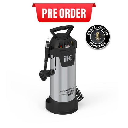 Black and silver air compressor with 'iK' branding on a white background, featuring a 'Pre Order' banner and 'Compressed Air Connector' icon.