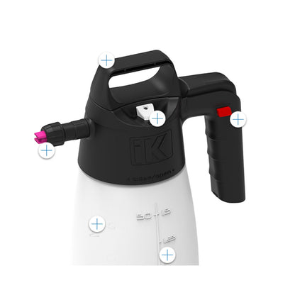 IK e Foam Pro 2 battery operated hand foamer for snow foam and wheel cleaner. IK Hand Foamer Pro2. Foam gun in black and white. Pump sprayer for snow foam gun. snow foam for wheels. IK Cork Ireland