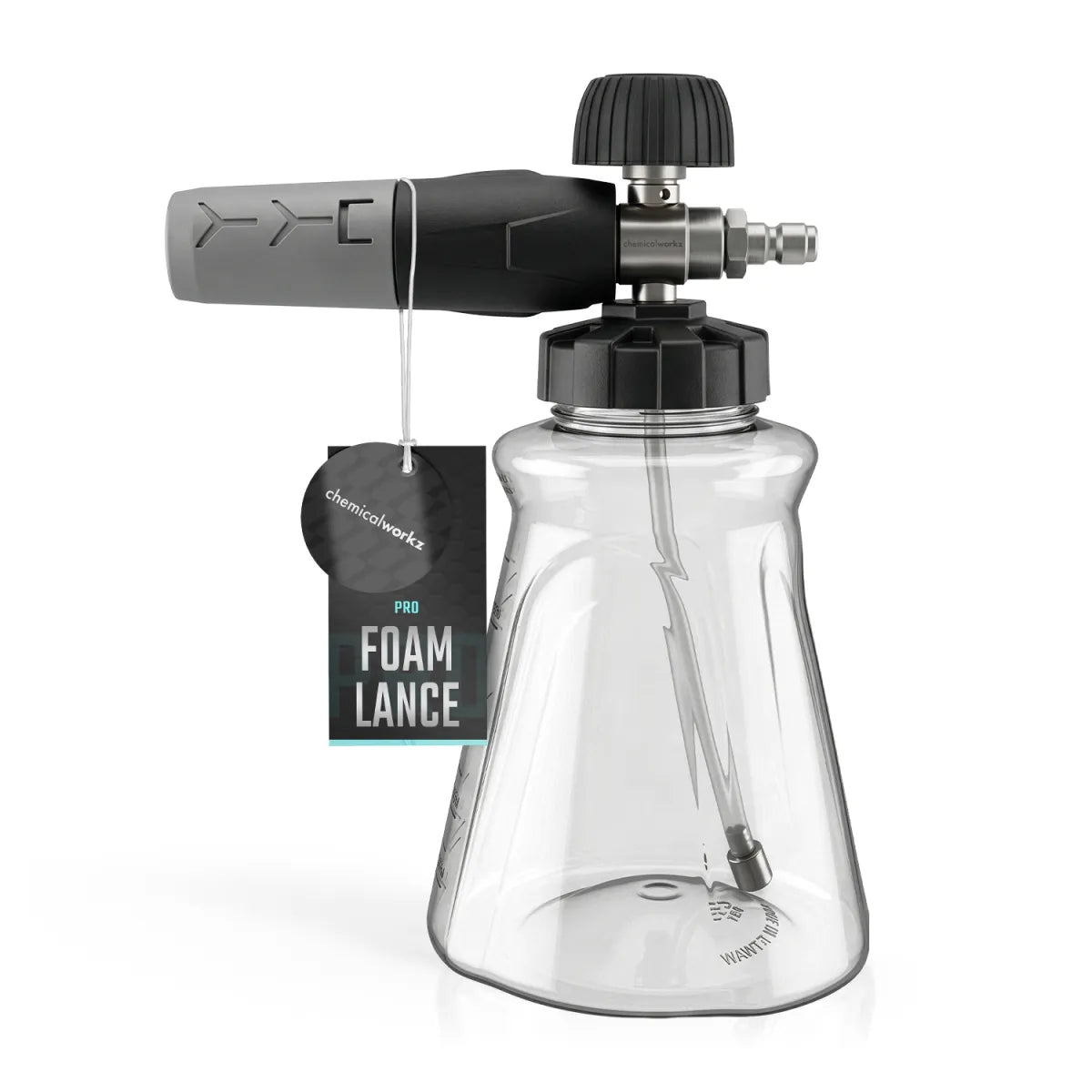 A clear Chemicalworkz foam lance bottle with a black and gray nozzle assembly, a black adjustment knob, and a hanging tag that reads 'Chemicalworkz PRO FOAM LANCE' on a white background.