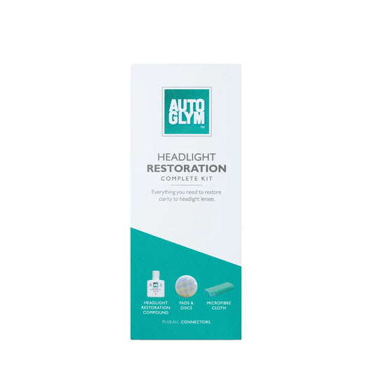 Autoglym Headlight Restoration Kit. White bottle, white applicator and green microfibre cloth