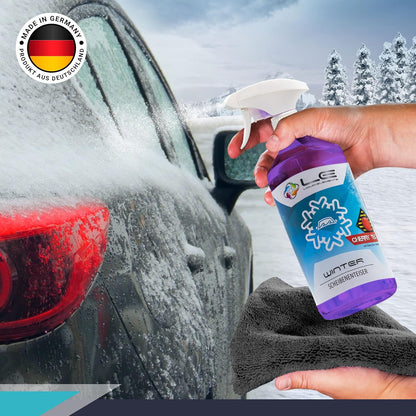 Liquid Elements Winter De-Icer quickly defrosts any glass and headlights quickly and conveniently and without re-freezing.