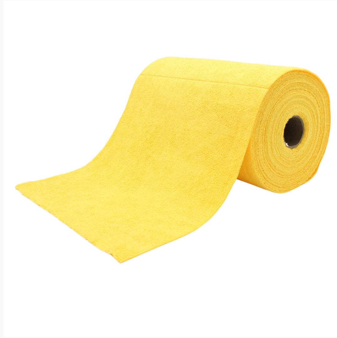 Roll of yellow microfibre cloth for workshop. Rolls of microfibre cloths are a more durable and qualitative alternative to rolls of paper cloth. After use, wash them in the washing machine to use again. Ideal for general cleaning and the automotive sector.