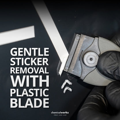 Person using a plastic blade for gentle sticker removal on a dark surface, with text overlay.