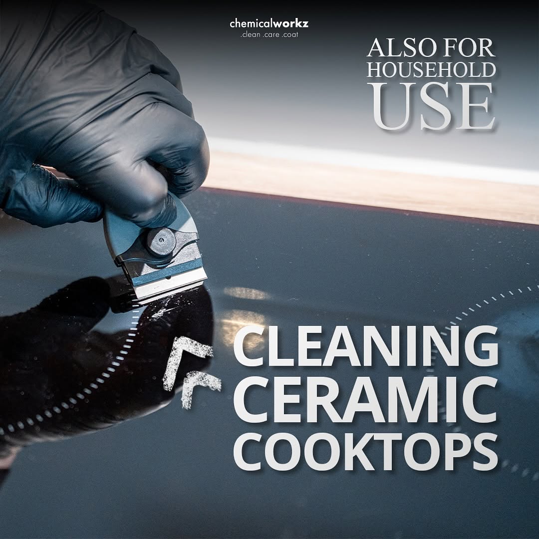Person cleaning a ceramic cooktop with a tool, wearing a glove, with text about household use and cleaning ceramic cooktops.