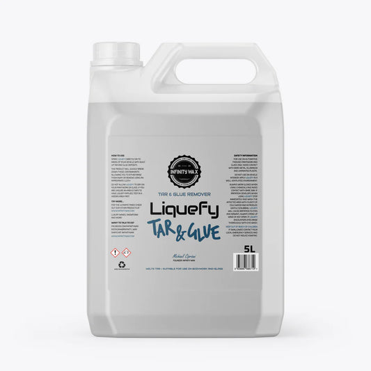 Infinity Wax Liquefy 5L Tar and Glue Remover is a full-strength solvent-based tar and glue remover. Infinity Wax Ireland