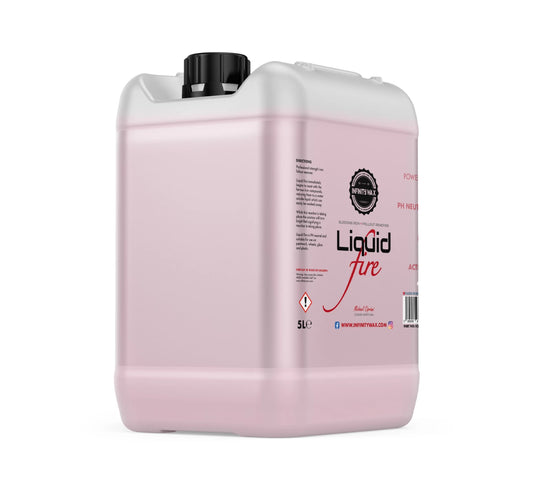 Infinity Wax Liquid Fire 5L is a professional strength Iron Fallout Remover and Wheel Cleaner that tears through the worst contamination imaginable with ease, while also being ph-neutral and safe for all surfaces.