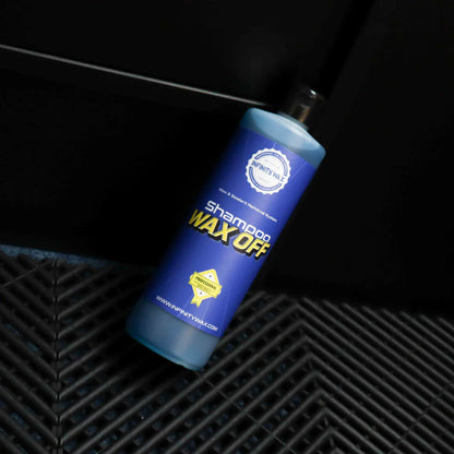 Infnity Wax Wax Off Shampoo. Shampoo to strip waxes.Wax Stipping Shampoo. Blue Bottle. Infinity Wax Ireland Powerful Alkaline Shampoo Designed to Remove Waxes and Sealants From Your Vehicle