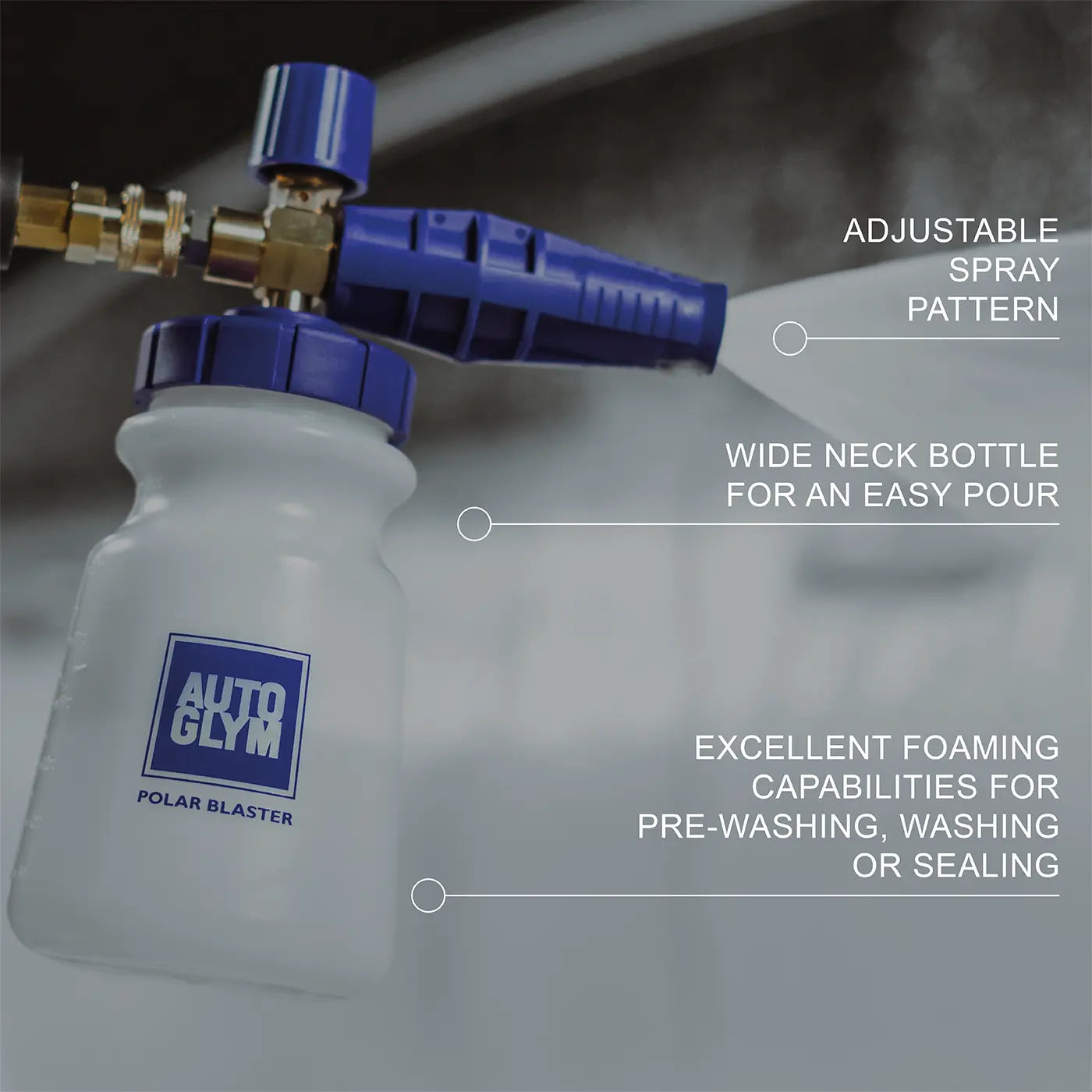 Autoglym Polar Blaster Snow Foam Lance with adjustable spray pattern and wide neck bottle on a dark background