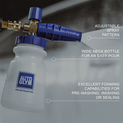 Autoglym Polar Blaster Snow Foam Lance with adjustable spray pattern and wide neck bottle on a dark background